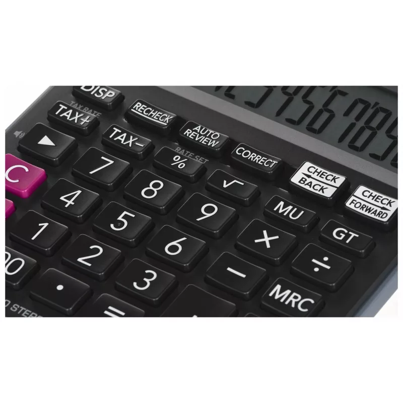 Lauakalkulaator CASIO MJ-120D PLUS — lihtne 12-kohaline, aku/päikesepatarei, 35 klahvi, maksu- ja ruutjuurefunktsioon, must