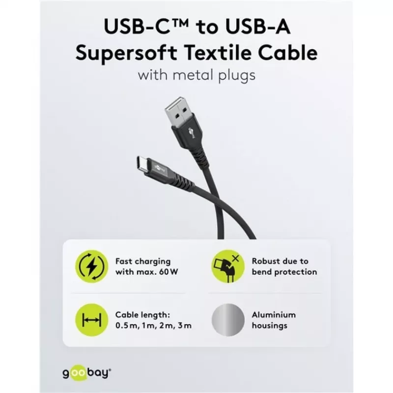 Goobay USB-C kaabel Fabric Supersoft metallpistikuga, 2 m, must (2m, USB 2.0, 60W), USB-kaabel