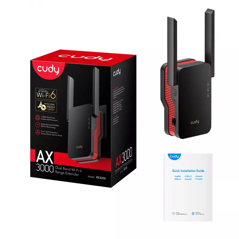 Wi‑Fi signaalivõimendi Cudy RE3000 2400–5000 MHz, 802.11ax/ac/n/g/b/a, Ethernet 100 Mbps, välisantenn, must/punane