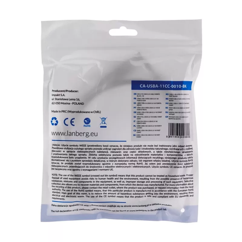 Lanberg CA-USBA-11CC-0010-BK USB-kaabel 1 m 2.0 USB B Must