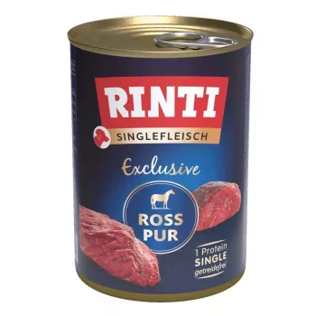 Niiske koeratoit RINTI Singlefleisch Exclusive Hobune 400 g — ühe valguallikaga täiskasvanute konserv, 80% niiskust, 10% valku