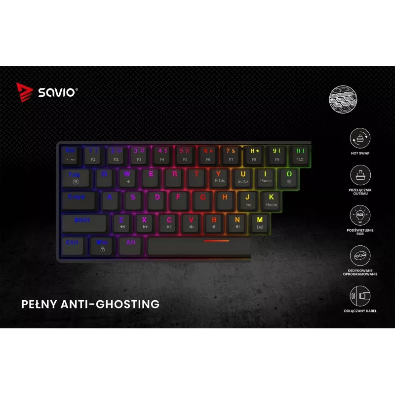 Mehaaniline mänguklaviatuur SAVIO MustOUT X2 BROWN 61-klahviga 60% USB QWERTY RGB Outemu Brown