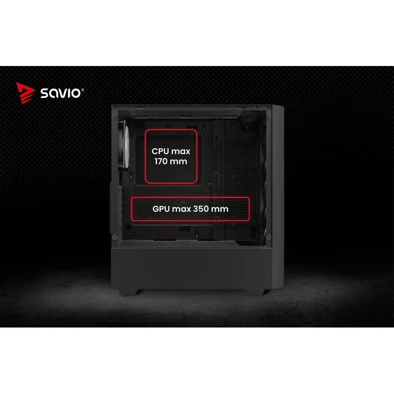Arvutikorpus SAVIO Noctis Flow RGB — Kuubik, ATX/Mini-ITX, 3x 120 mm esiventilaatorit, karastatud klaasist külg, max GPU 35 cm
