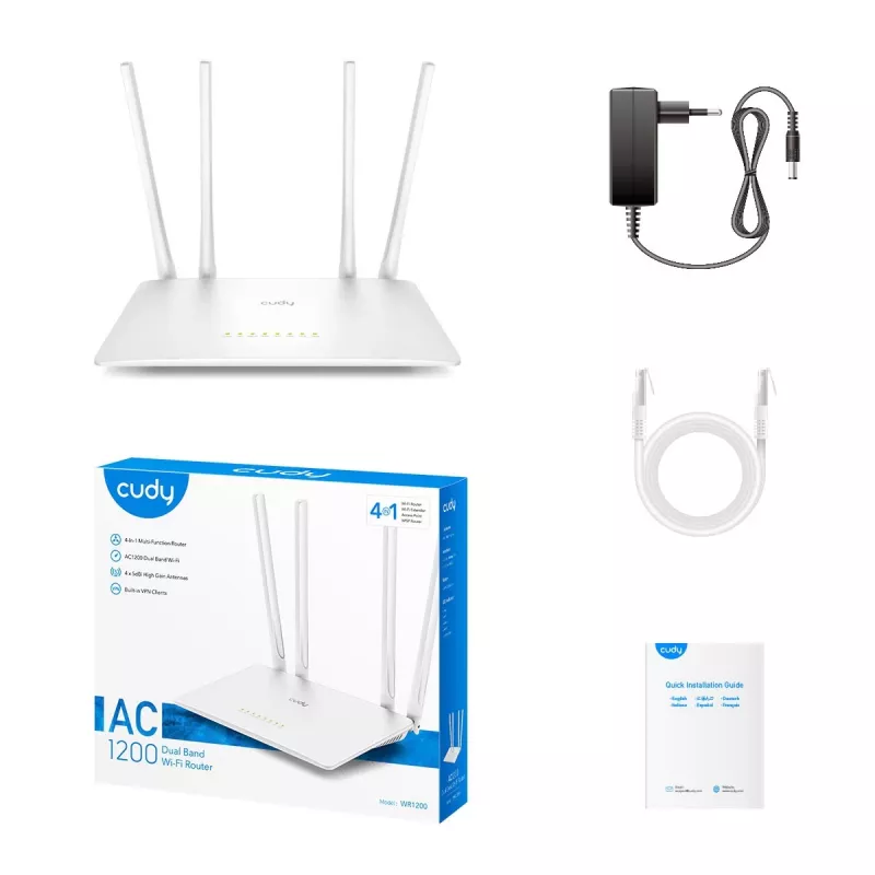 Laualine ruuter Cudy WR1200 Kaheribaline Wi‑Fi 5 (802.11ac) 867 Mbit/s, 4x RJ‑45 LAN, Valge