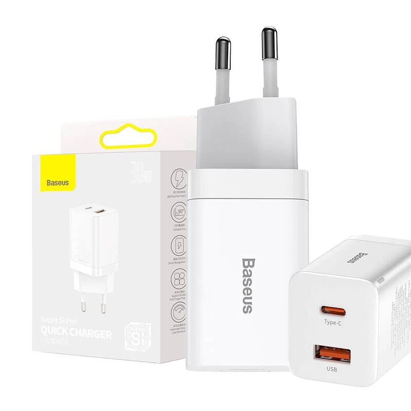 Baseus Super Si Pro kiirlaadija USB + USB-C 30 W (valge)