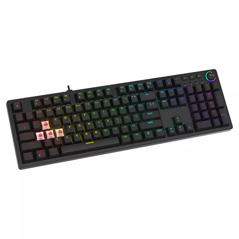 Mänguklaviatuur SAVIO STYX BROWN — mehaaniline Outemu Brown, QZERTY US International, RGB, USB, täissuuruses 104 klahvi, must