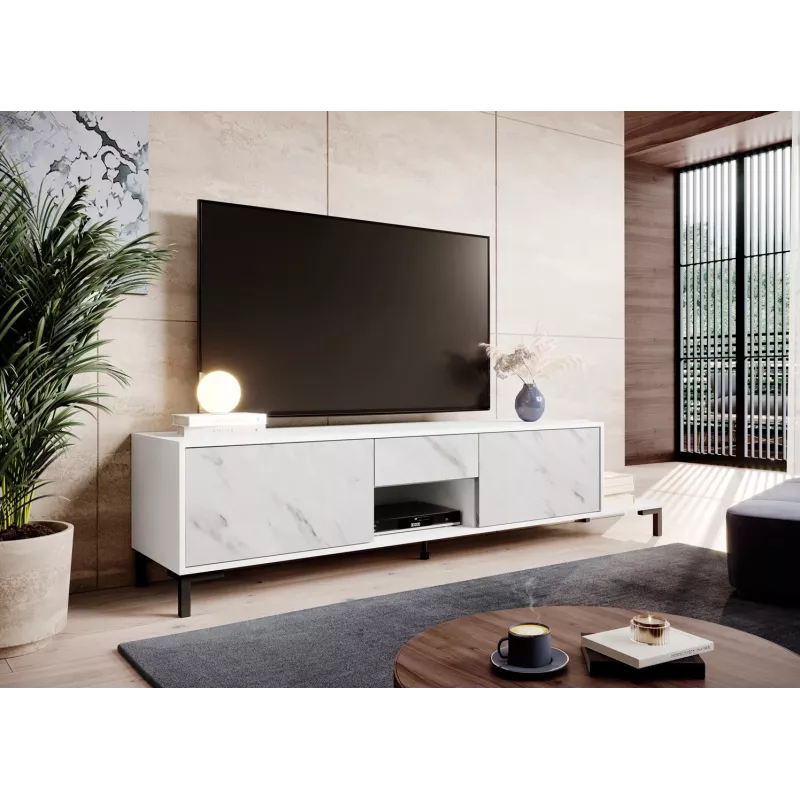 TV-kapp Cama Meble MARMO 2D1S1K, 195x40x47,5 cm, valge matt/marmorvalge pealispind