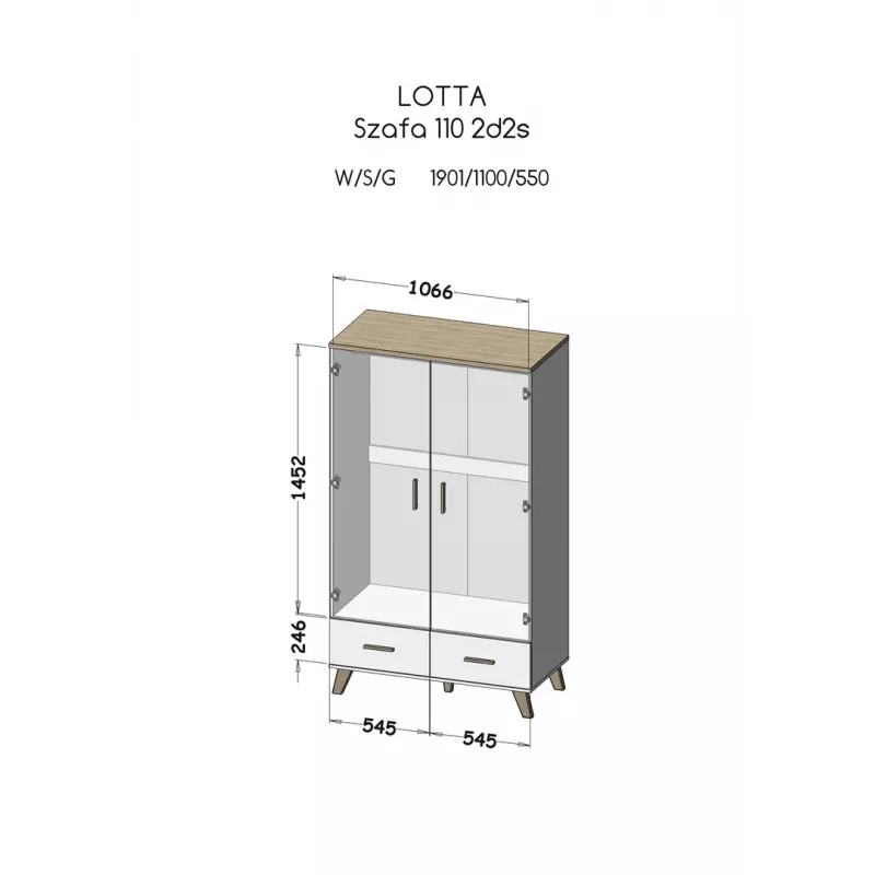 Cama meble LOTTA 2D2D riidekapp, 2 uksega, Wotan tamme raam, matt mustad esiküljed, 1100×550×1900 mm