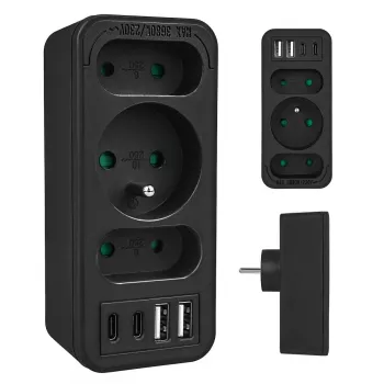 Toitejaotur MACLEAN MCE248 F/B — 3 vahelduvvoolu pesa (1x16A, 2x6A) ja 4 USB-porti (2xUSB‑A, 2xUSB‑C PD 20W), EL-pistik, must