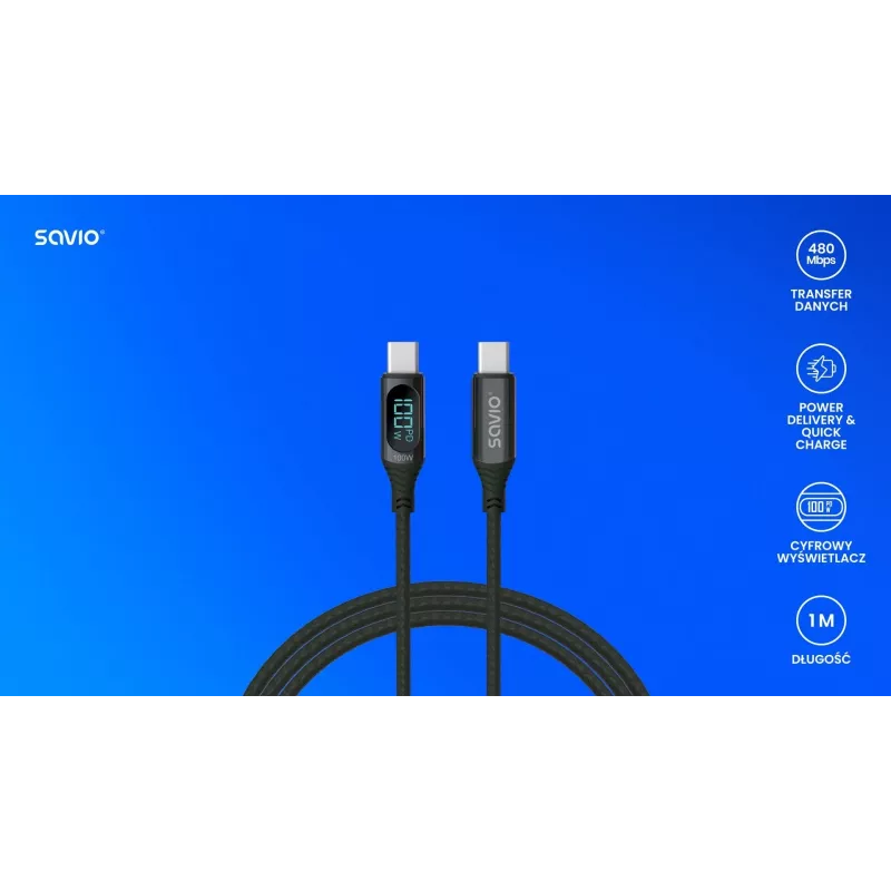 Savio USB-C - USB-C kaabel CL-174 1m must USB 3.2 Gen 1