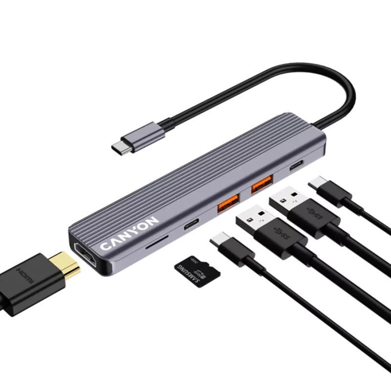 USB USB-C jaotur CANYON DS-17 — HDMI, USB 3.2 Gen 1 A, USB-C, MicroSD, 10000 Mbit/s, hall