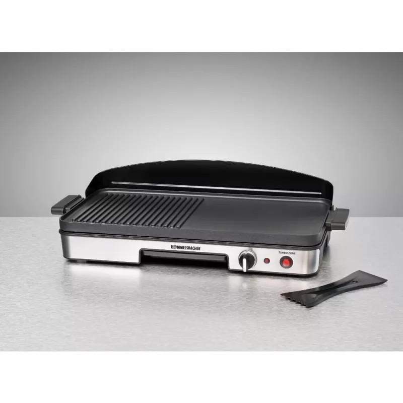 Elektriline lauagrill Rommelsbacher BBQ 2003 — 1900 W, 50×25 cm, sooneline + Teppanyaki, reguleeritav termostaat, hõbedane/must