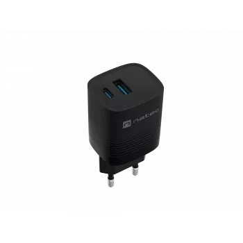 NATEC juhtmega mobiilseadme laadija NUC-2141, 30W, USB-C PD 3.0 + USB-A QC 3.0, 110–240V, must