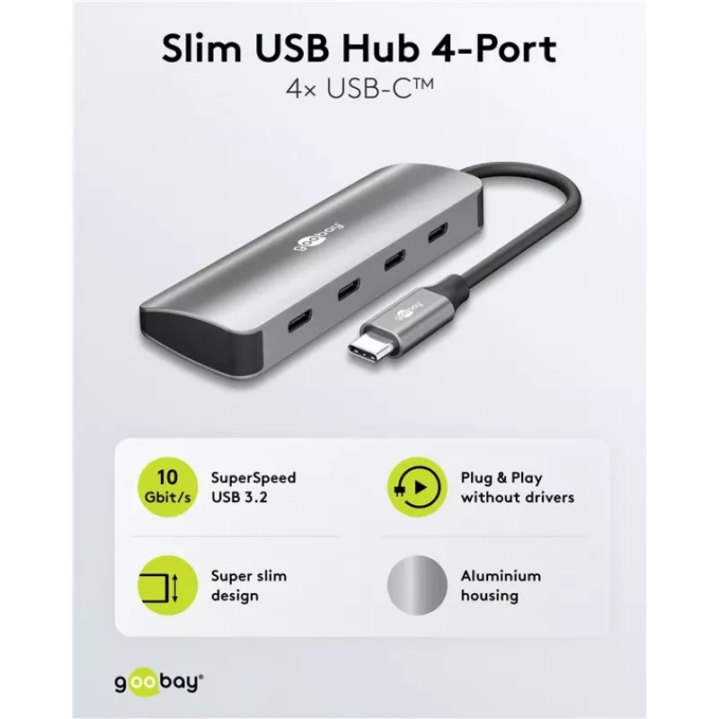 Goobay Slim 4-Port USB-Hub USB-C kuni 10 Gbit/s - -Plug> 4x (76565)