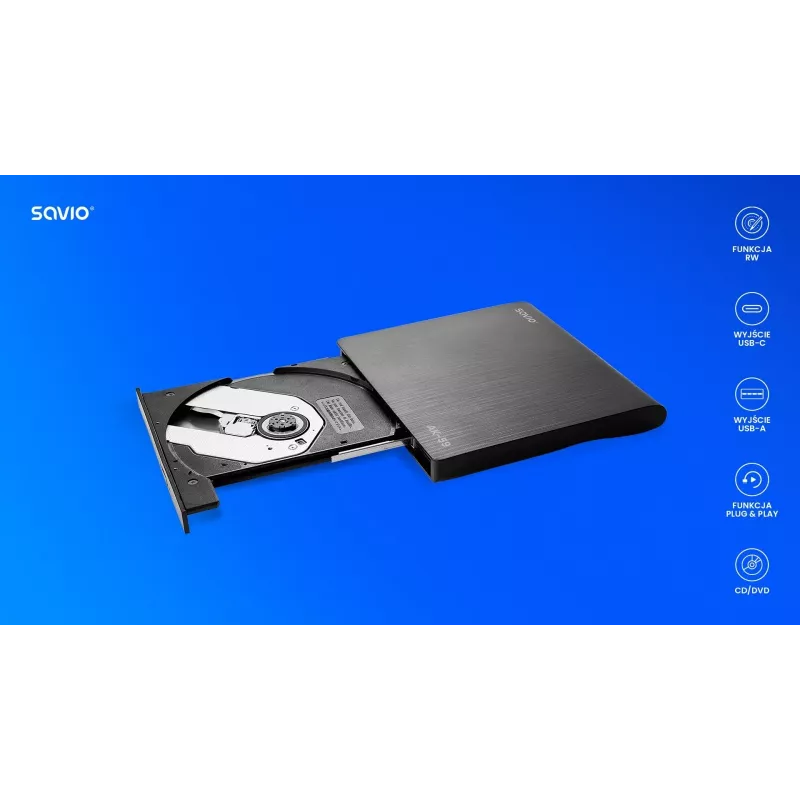 SAVIO AK-59 Väline saleda disainiga CD/DVD-salvesti R/RW - USB-C/USB-A, must