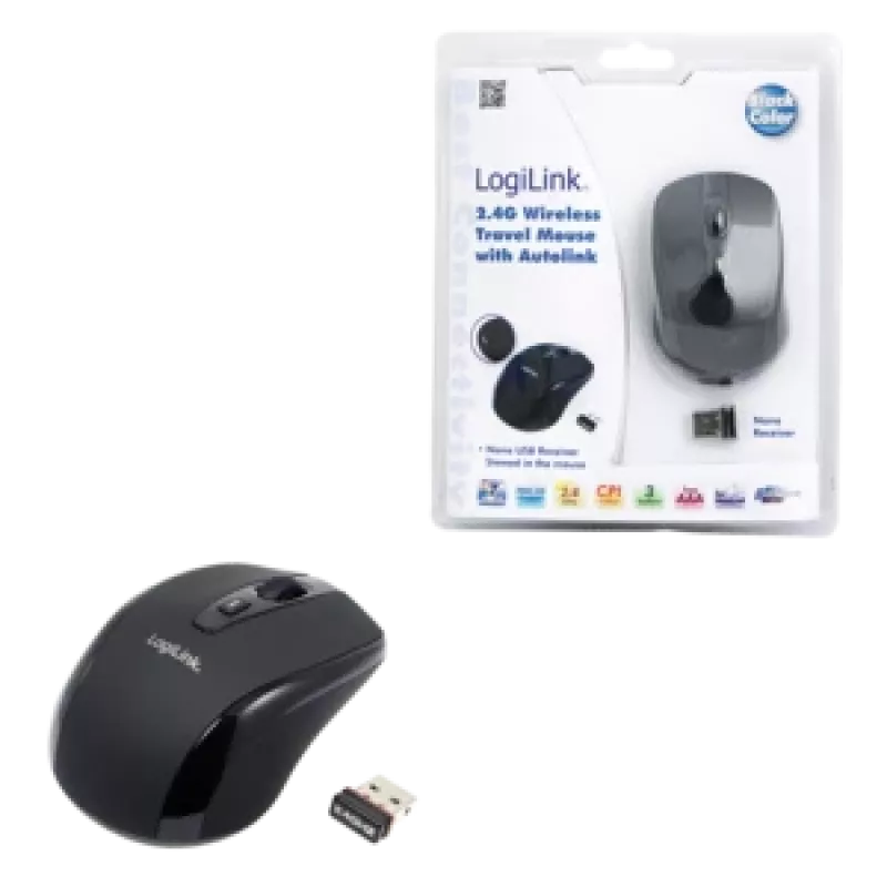 LogiLink Maus optisch Funk 2,4 GHz Mini - Maus - optisch - 3 Taste(n) - drahtlos - 2,4 GHz - kabelloser Empfänger (USB) - Schwarz (ID0031)