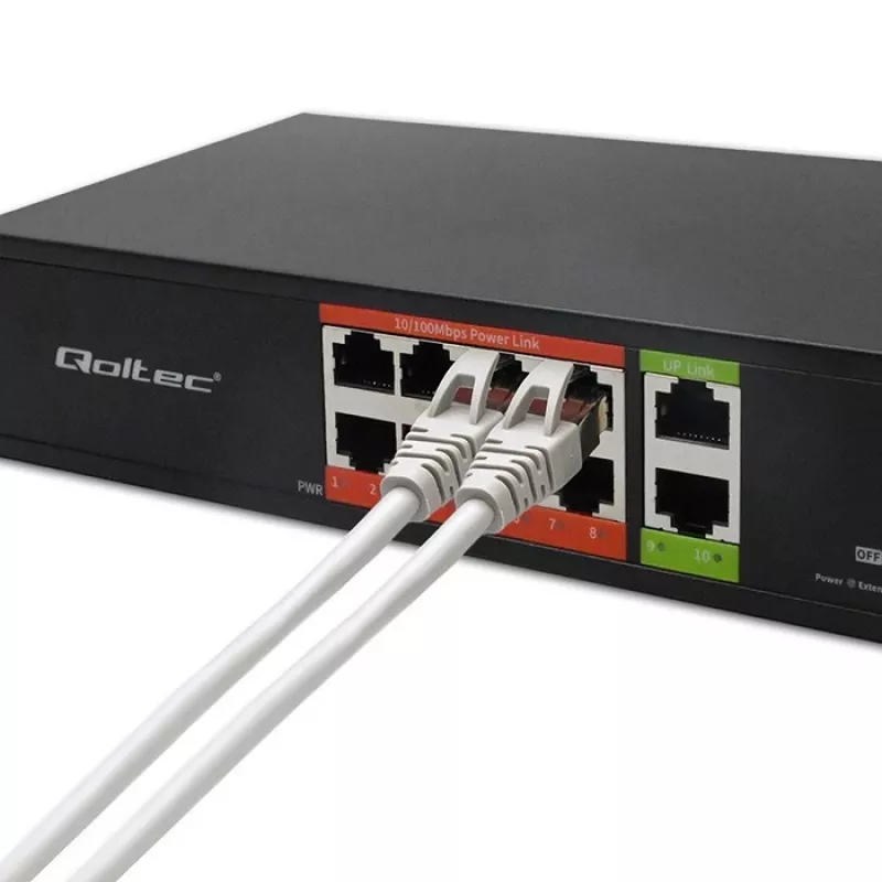 Võrgukommutaator QOLTEC FAST Ethernet PoE 8xRJ45 koos 2xRJ45 üleslingiga (mudel 52290)