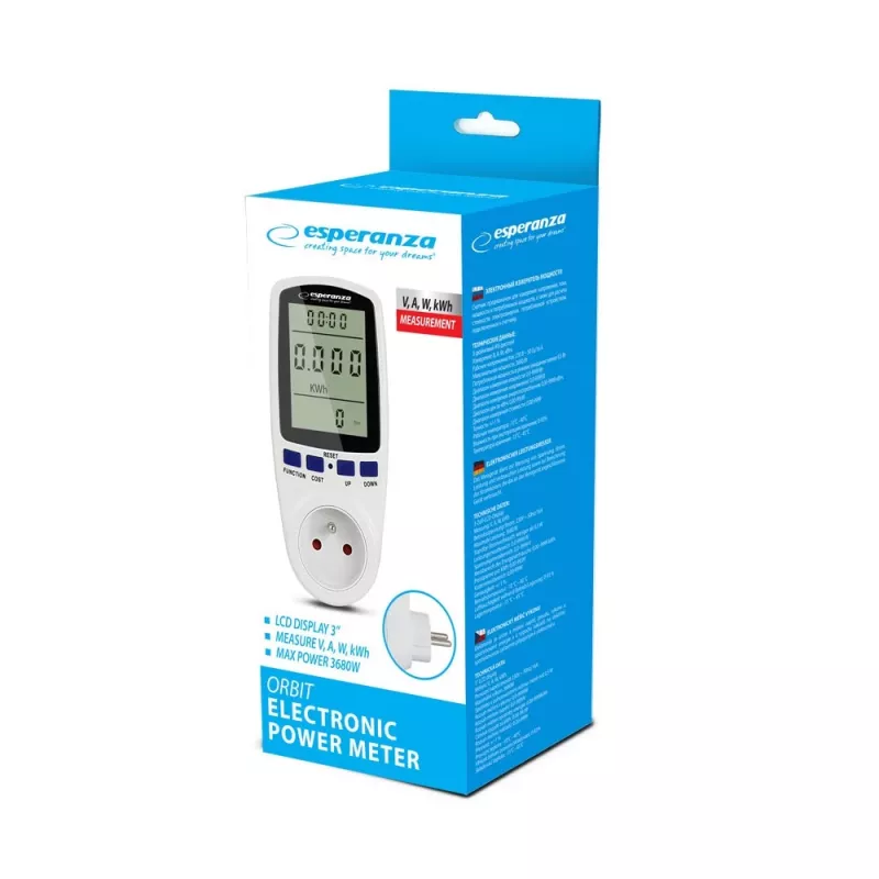 Voolutarbimismõõtur ESPERANZA ELA103 LCD-ekraaniga — 16 A, 3680 W, 230 V, 50–60 Hz