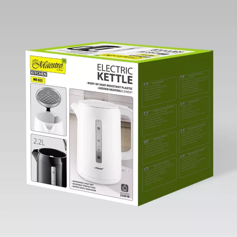 Elektriline veekeetja Maestro MR-022-Valge, 2,2 L, 1850–2200 W, plastkorpus, 360° alus, katlakivivastane filter, veetaseme indikaator