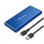 SSD-korpus QOLTEC 51832 — väline M.2 SATA, USB 3.0, kuni 2 TB, sinine, toetab 30 mm draive, 4 pesa