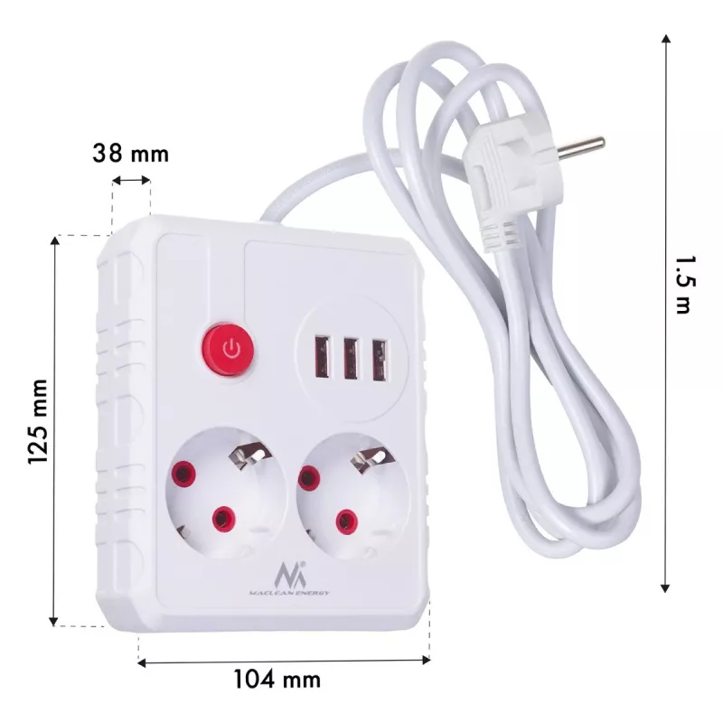 Pistikupesadega pikendusjuhe MACLEAN MCE387 W — 2 pistikupesa, 3×USB A, 110–240V, 2500W, 1,5 m kaabel, valge
