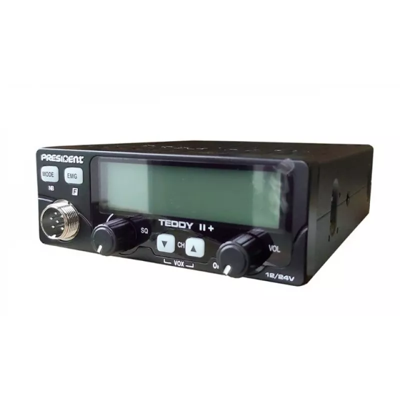 CB-raadio President Teddy II+ — 40 kanalit, 4 W TX, 12/24 V, mürasummuti, 125×125×45 mm