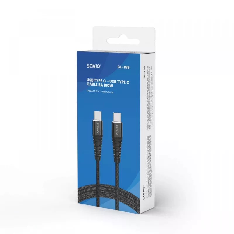 USB C - USB C kaabel SAVIO CL-159 1 m, USB 2.0 (480 Mbit/s), must, 2,1 A