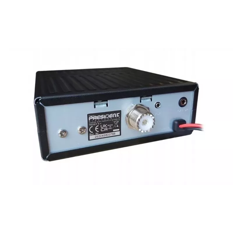 CB-raadio President Teddy II+ — 40 kanalit, 4 W TX, 12/24 V, mürasummuti, 125×125×45 mm