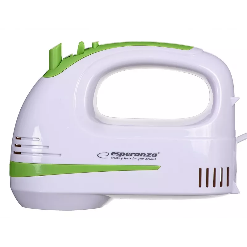 Käsisegisti ESPERANZA EKM011 — 400 W, 5 kiirust, turbo, taignakonksud ja visplid, 220–240 V, valge/heleroheline