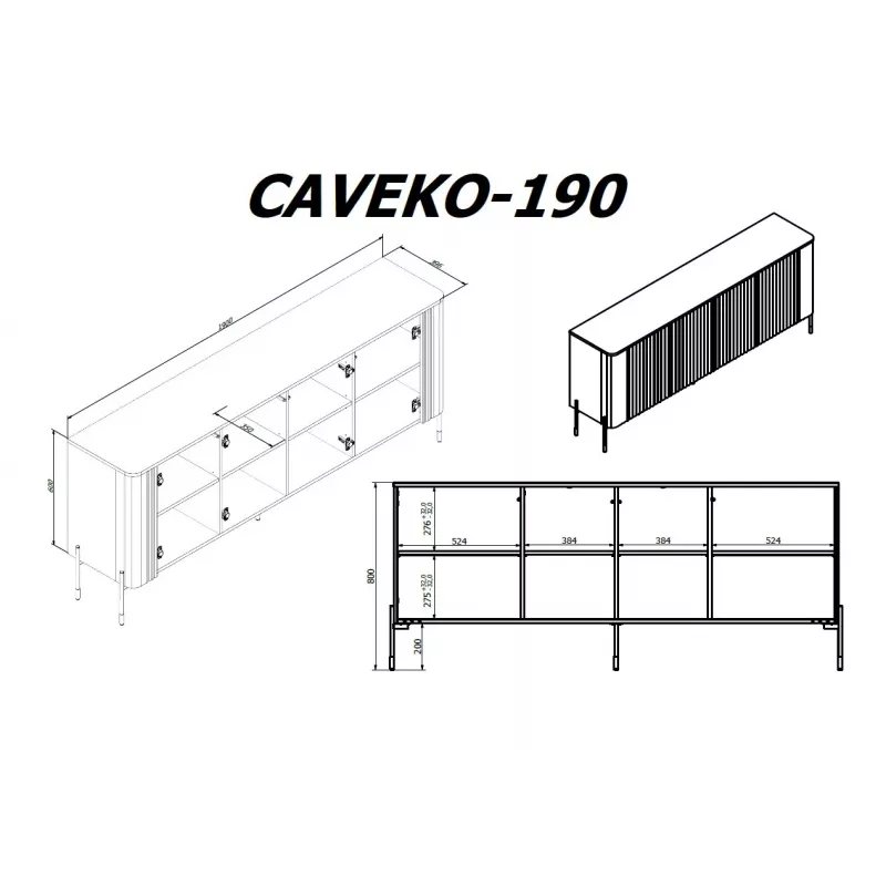 Kummut cama meble VERA 190x40x80 cm, must matt, puitlaastplaat, 16 mm raam