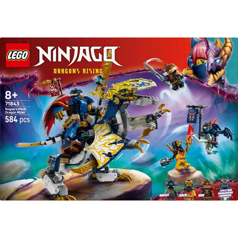 LEGO NINJAGO komplekt 71843 Rogue’i mech-lohe ratsanik — 584 tk, 4 minifiguuri, mudeli kõrgus 190 mm