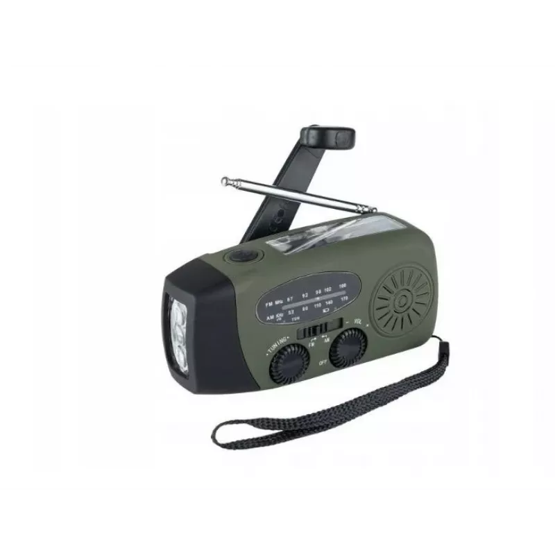 Hädaabiraadio FOSCO 464600 LED-taskulambi, akupanga, FM, IPX3, päikese-/käsitsi-/USB-C-ga – roheline/must