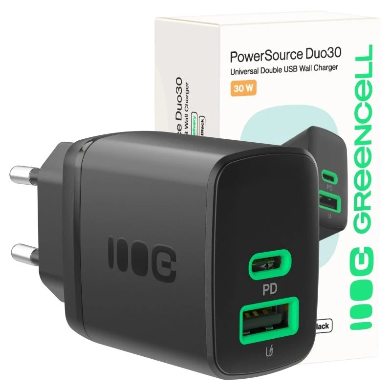 Laadija roheline Cell PowerSource Duo30 – 1× USB-A, 1× USB-C, 3A
