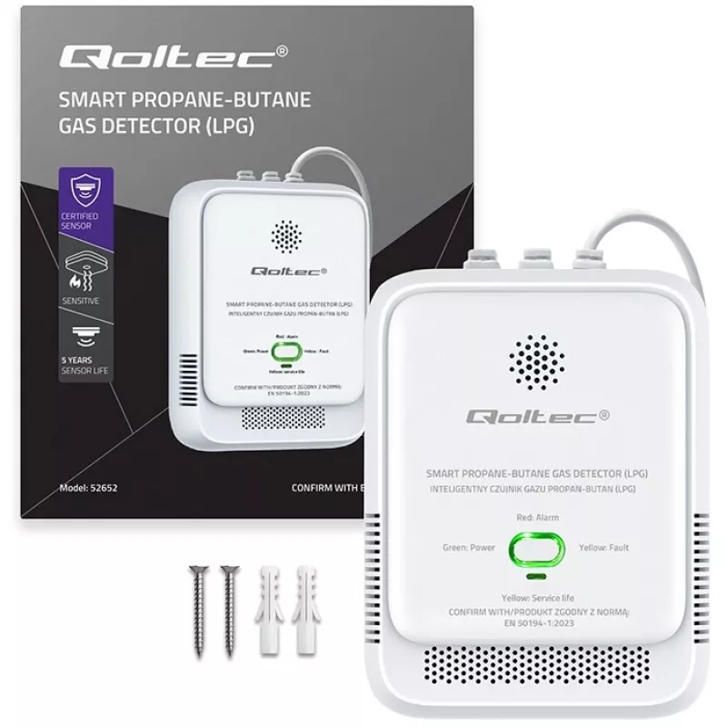 Gaasilekkeandur QOLTEC 52652 — propaani/butaani (LPG) detektor, 85 dB häire, LED-indikaator