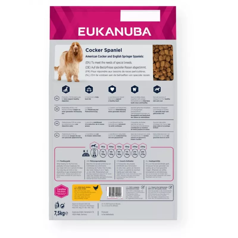 Kuiv koeratoit EUKANUBA Breed Specific Cocker Spaniel 7.5 kg — kana, täiskasvanud, nahk ja karv, südametugi