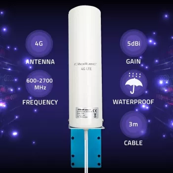 Välistingimustes kasutatav mitmesuunaline 4G LTE antenn QOLTEC 57044, 5 dBi, 600–2700 MHz, 50 W, 50 Ω, valge vasest korpus