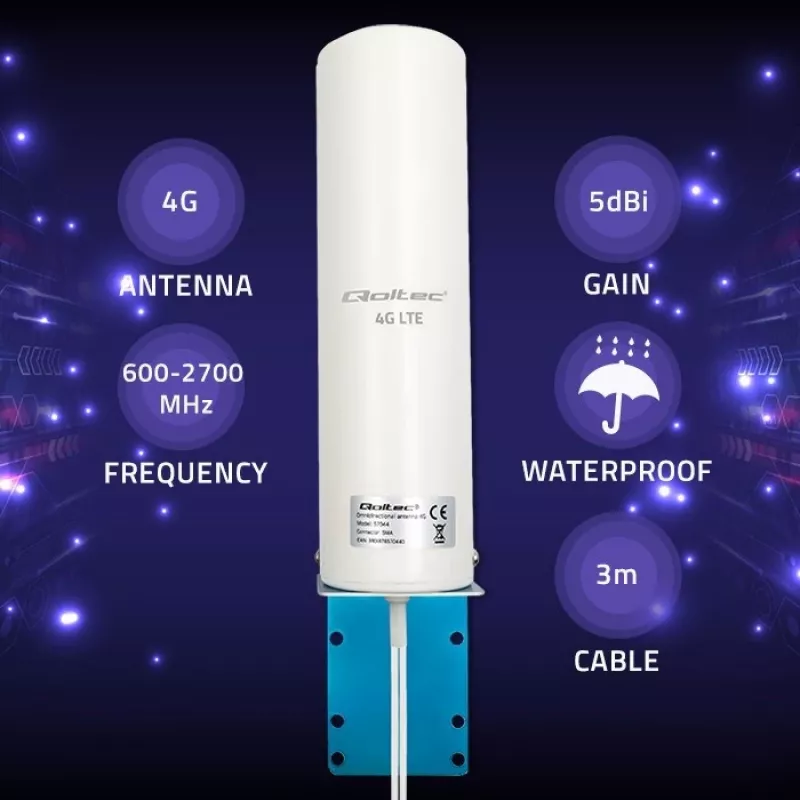 Välistingimustes kasutatav mitmesuunaline 4G LTE antenn QOLTEC 57044, 5 dBi, 600–2700 MHz, 50 W, 50 Ω, valge vasest korpus