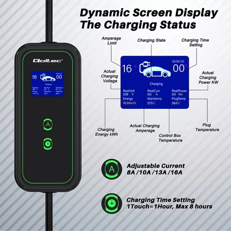 Qoltec mobiilne elektriauto laadija reguleeritav 2in1 Type2 | 3,5kW | 230V | Wi-Fi | LCD | kaasaskantav | seinakarp | 5m