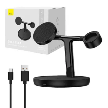 Baseus Swan 3-in-1 juhtmevaba magnetlaadimisalus 20 W must universaalne versioon (sisaldab: USB-C–USB-C kaabel 3A 1m)