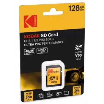 Mälukaart Kodak EKMSD128GUHS2V2K SDXC UHS-II 128 GB, lugemine 300 MB/s, kirjutamine 270 MB/s, U3 V90, Klass 10