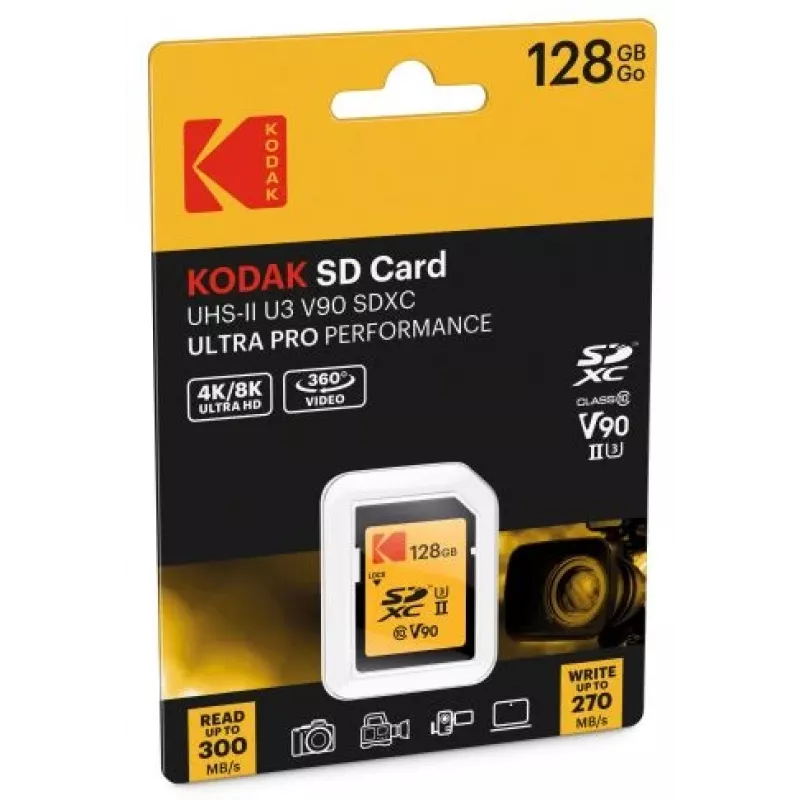 Mälukaart Kodak EKMSD128GUHS2V2K SDXC UHS-II 128 GB, lugemine 300 MB/s, kirjutamine 270 MB/s, U3 V90, Klass 10