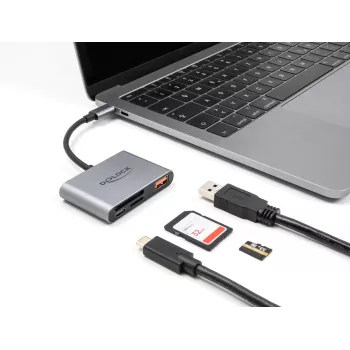 Delock 91016 USB-C kaardilugeja SD- ja microSD-kaartidele koos USB-A pordi ja USB-C PD-ga