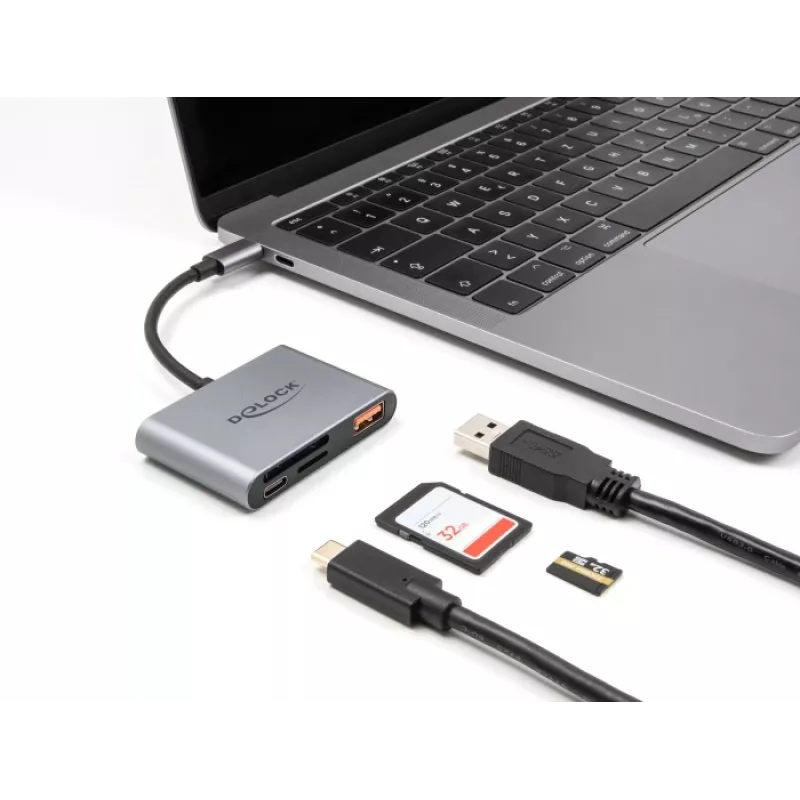 Delock 91016 USB-C kaardilugeja SD- ja microSD-kaartidele koos USB-A pordi ja USB-C PD-ga