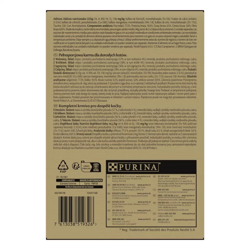 Märg kassitoit Purina Nestlé GOURMET Gold Mus Mix — 96 x 85 g, 4 maitset, täiskasvanud kassid, 77,5% niiskust