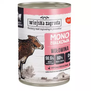 Märg kassitoit wiejskazagroda Monoprotein Beef 400 g — täiskasvanud kasside täisväärtuslik konserv, valk 12,1%, rasv 7,1%, niiskus 76,9%
