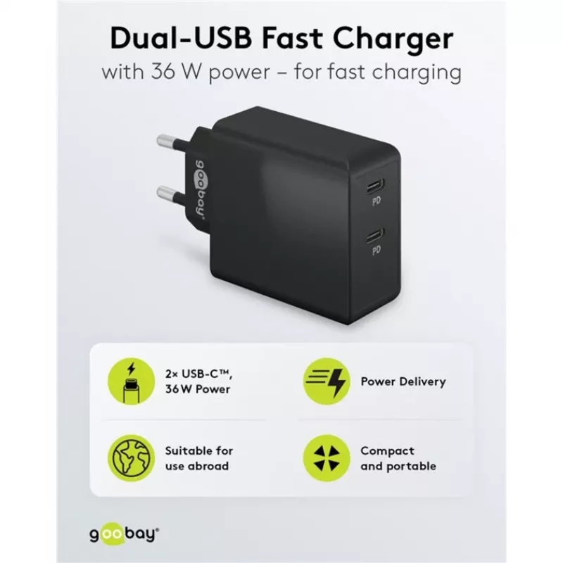 Siselaadija Goobay 61757 kiirlaadimine USB USB-C 2 porti must