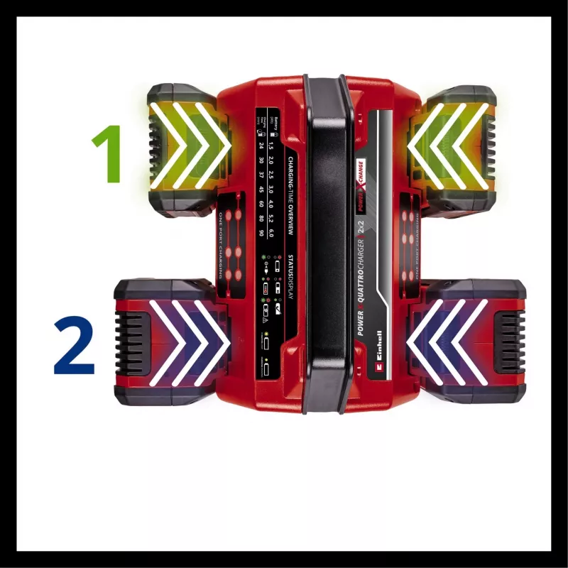EINHELL Power X-Quattrocharger 4A – universaalne Power X-Change laadija 4-le akule (LED-olekuindikaator | paralleellaadimine | kiirlaadimine | laadimishaldus | ümberlaetav)