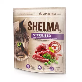 Kuiv kassitoit SHELMA Sterilised Rich in beef 750 g — täiskasvanud steriliseeritud kassidele, 38% valku, 13% rasva