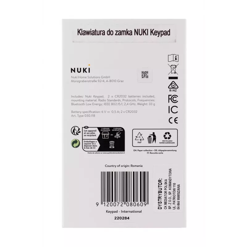 NUKI nutikas ukselukumoodul Bluetooth (5.0) IP65 koodlukk CR2032 patareid kaasas