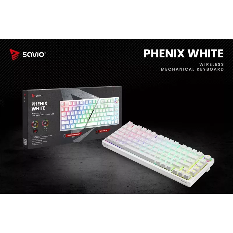 SAVIO PHENIX WHITE juhtmeta mehaaniline klaviatuur, Gateron Red Pro, ABS